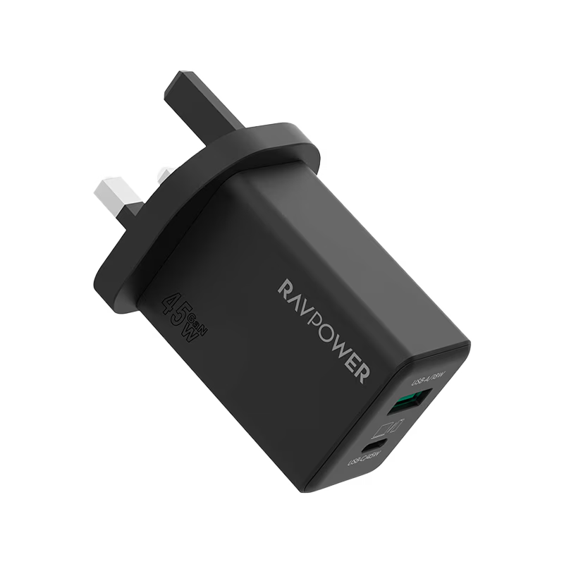 RavPower 1-Port USB-C and 1-Port USB-A PD 45W GaN Wall Charger - Black