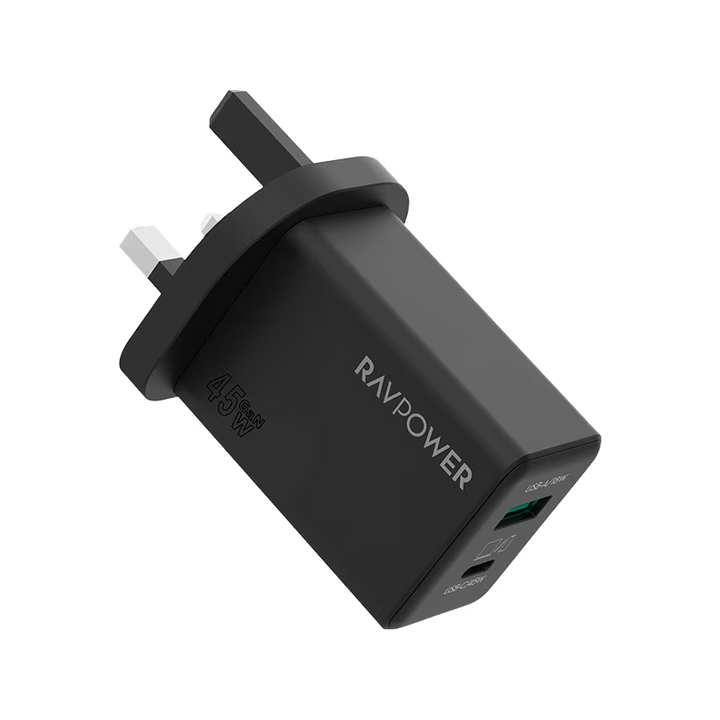 RavPower 1-Port USB-C and 1-Port USB-A PD 45W GaN Wall Charger - Black