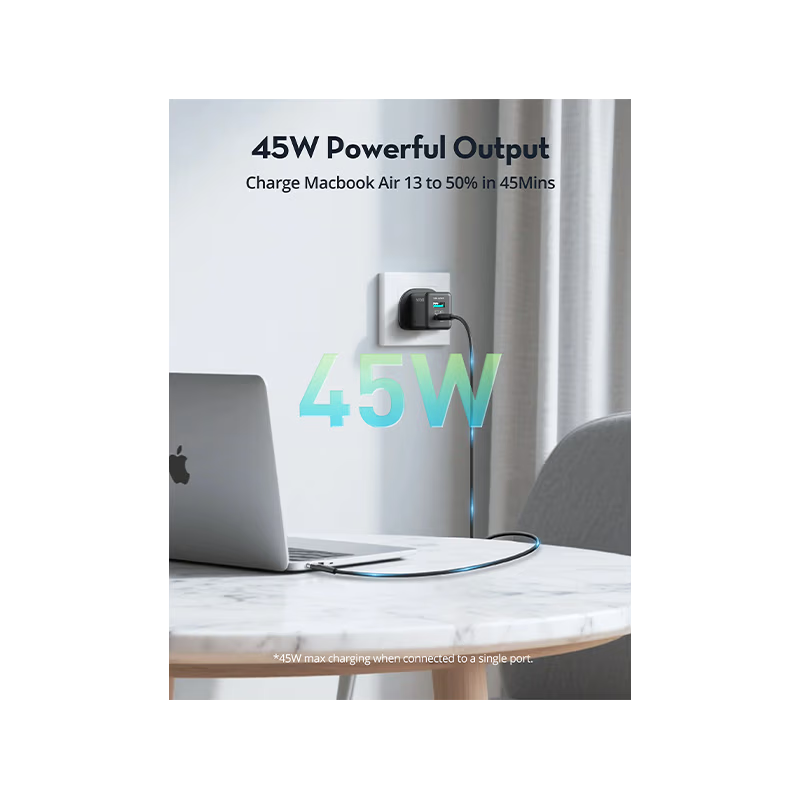 RavPower 1-Port USB-C and 1-Port USB-A PD 45W GaN Wall Charger - Black