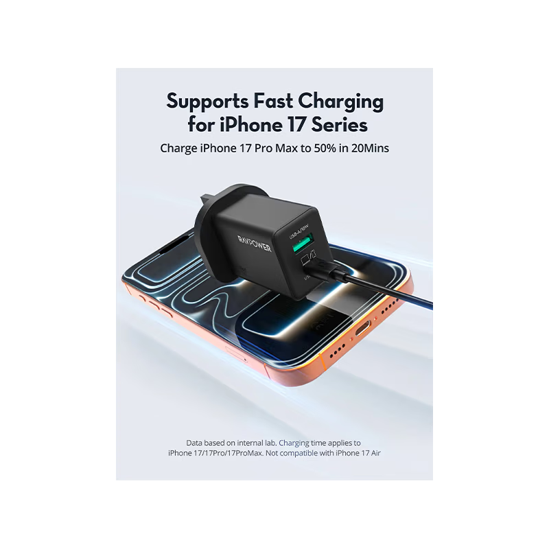 RavPower 1-Port USB-C and 1-Port USB-A PD 45W GaN Wall Charger - Black