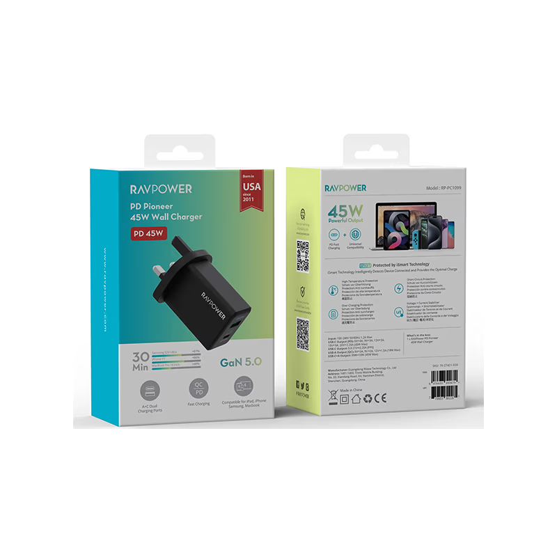 RavPower 1-Port USB-C and 1-Port USB-A PD 45W GaN Wall Charger - Black