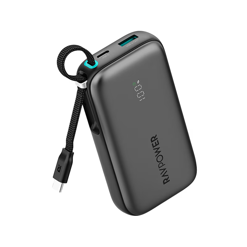 RavPower 1-Port USB-C and 1-Port USB-A PD 45W With Built-In USB-C Cable 10000mAh Power Bank - Black