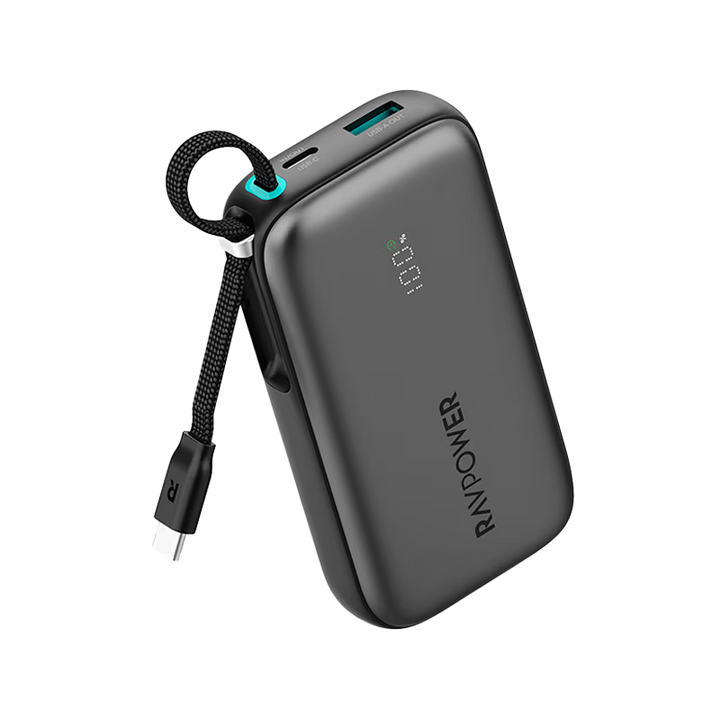 RavPower 1-Port USB-C and 1-Port USB-A PD 45W With Built-In USB-C Cable 10000mAh Power Bank - Black