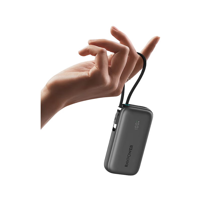 RavPower 1-Port USB-C and 1-Port USB-A PD 45W With Built-In USB-C Cable 10000mAh Power Bank - Black