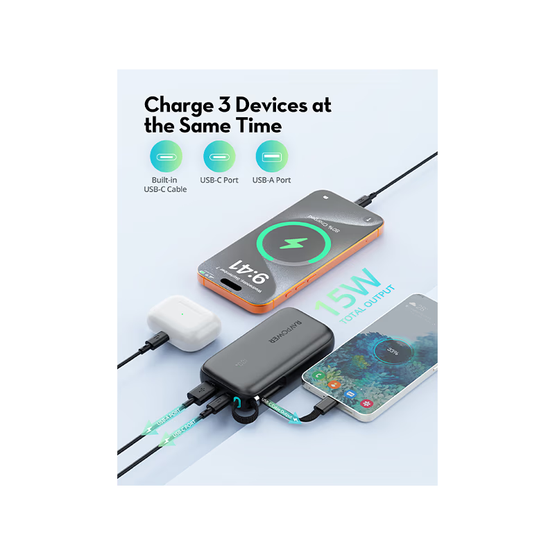 RavPower 1-Port USB-C and 1-Port USB-A PD 45W With Built-In USB-C Cable 10000mAh Power Bank - Black