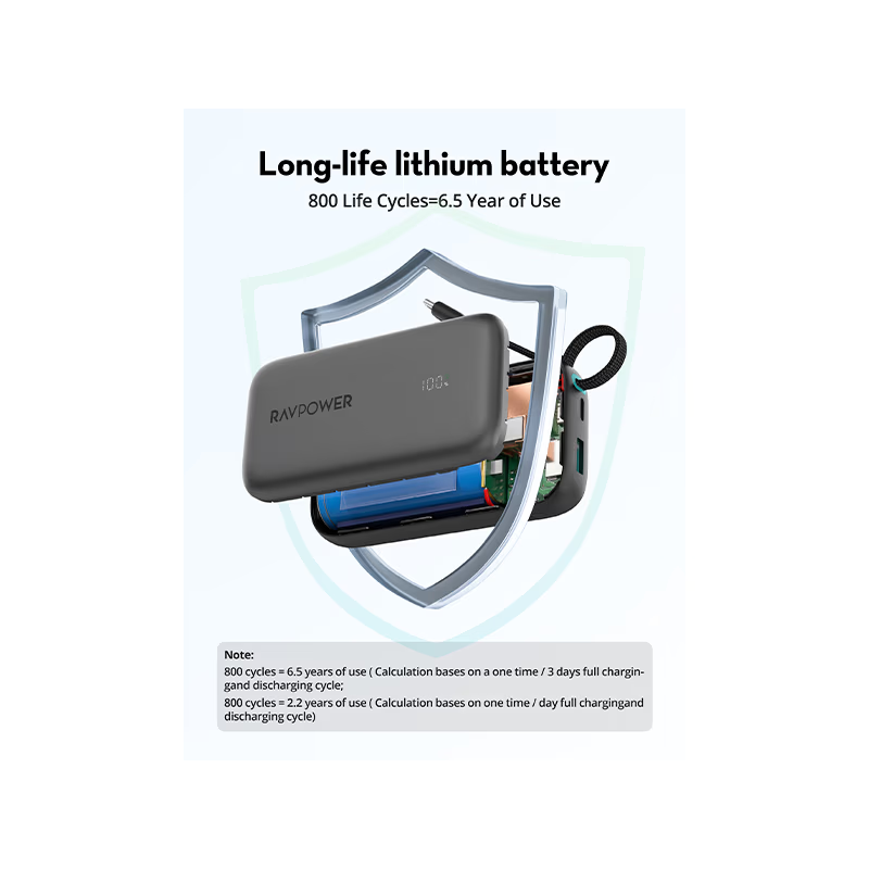 RavPower 1-Port USB-C and 1-Port USB-A PD 45W With Built-In USB-C Cable 10000mAh Power Bank - Black