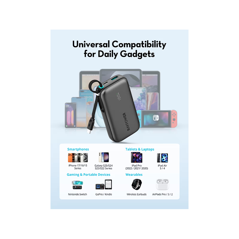 RavPower 1-Port USB-C and 1-Port USB-A PD 45W With Built-In USB-C Cable 10000mAh Power Bank - Black