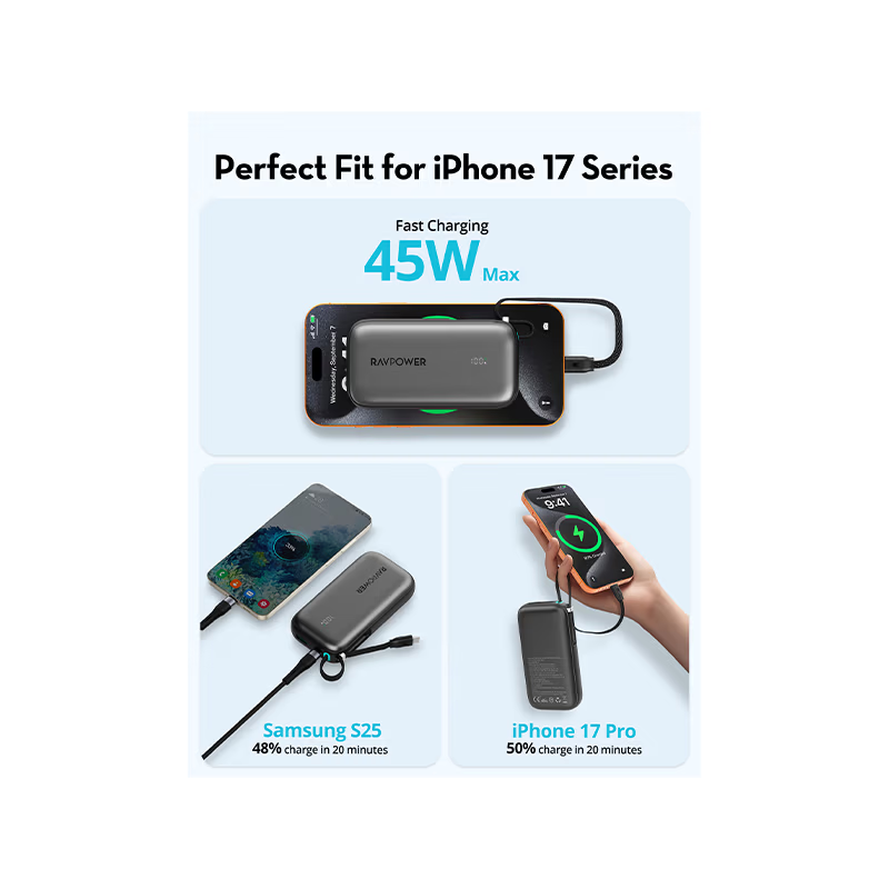 RavPower 1-Port USB-C and 1-Port USB-A PD 45W With Built-In USB-C Cable 10000mAh Power Bank - Black