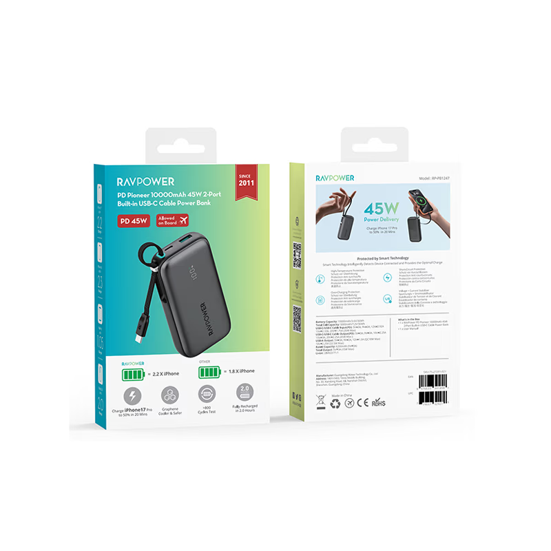 RavPower 1-Port USB-C and 1-Port USB-A PD 45W With Built-In USB-C Cable 10000mAh Power Bank - Black