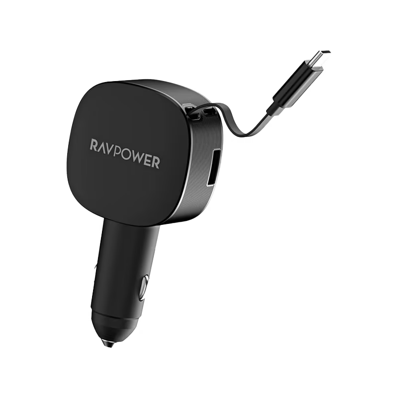 RavPower 1-Port USB-C and 1-Port USB-A PD 60W Car Charger With build in USB-C Cable - Black