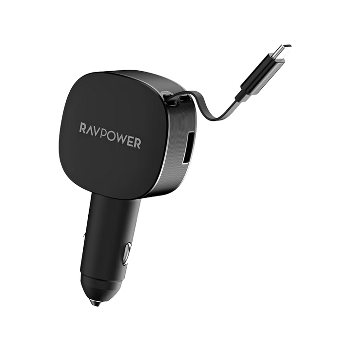 RavPower 1-Port USB-C and 1-Port USB-A PD 60W Car Charger With build in USB-C Cable - Black