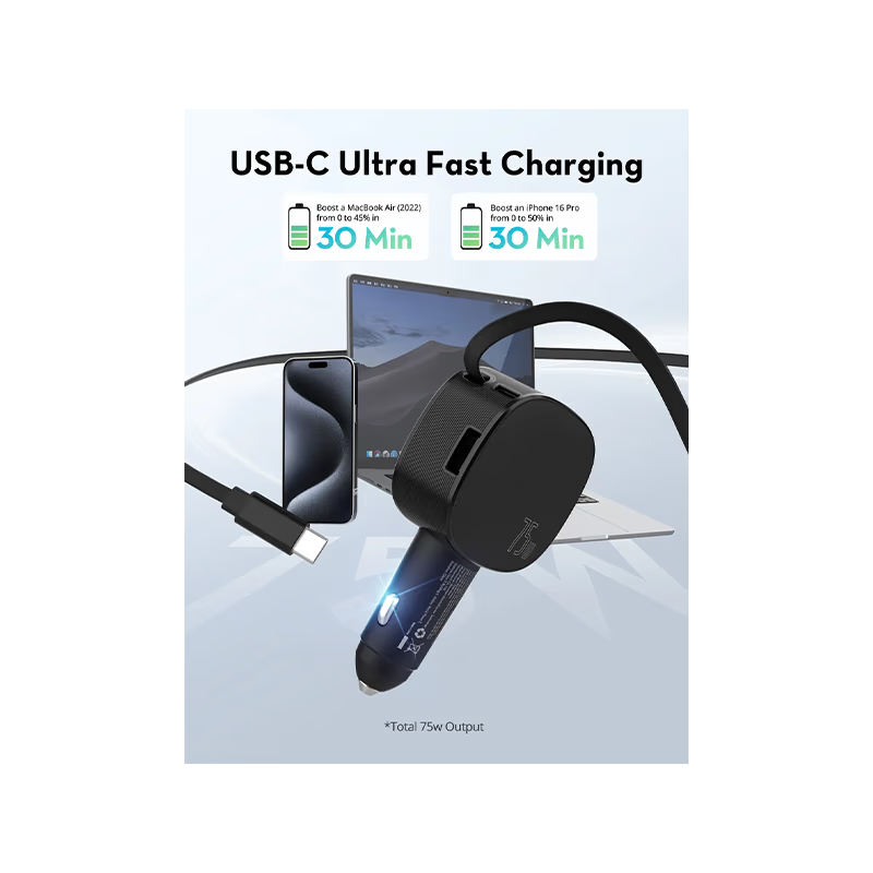 RavPower 1-Port USB-C and 1-Port USB-A PD 60W Car Charger With build in USB-C Cable - Black