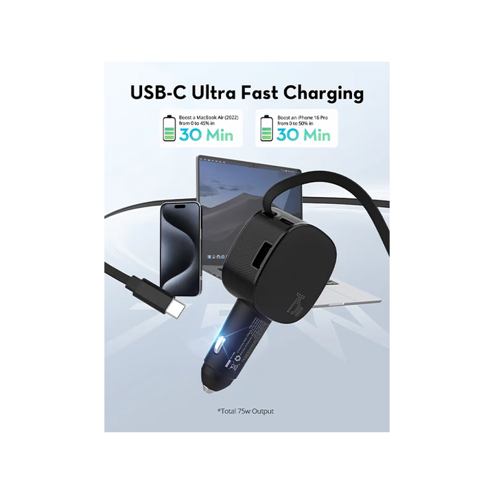 RavPower 1-Port USB-C and 1-Port USB-A PD 60W Car Charger With build in USB-C Cable - Black