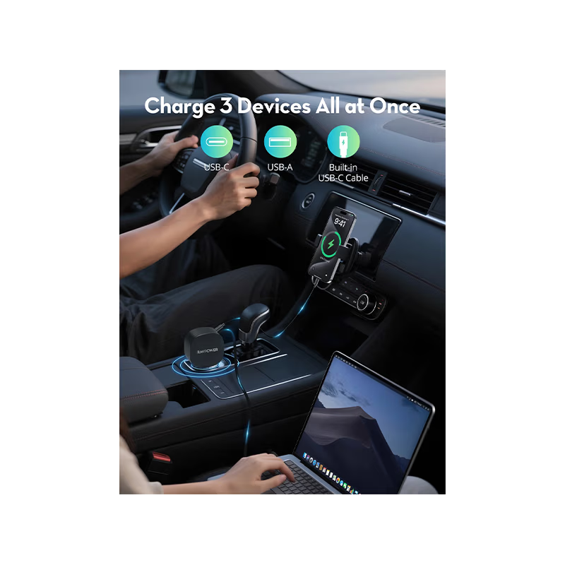 RavPower 1-Port USB-C and 1-Port USB-A PD 60W Car Charger With build in USB-C Cable - Black