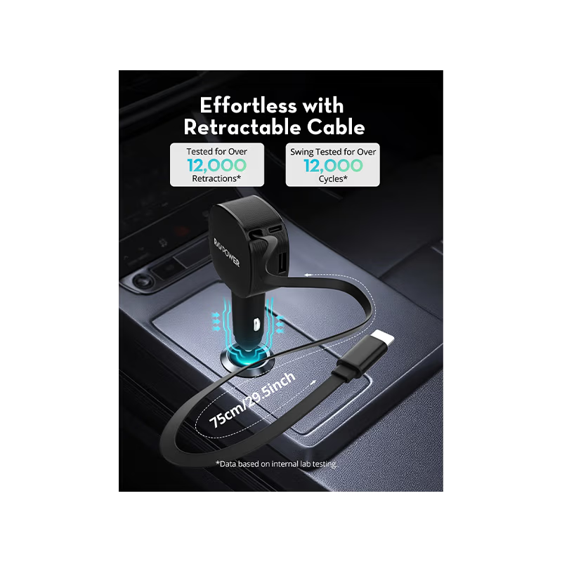 RavPower 1-Port USB-C and 1-Port USB-A PD 60W Car Charger With build in USB-C Cable - Black