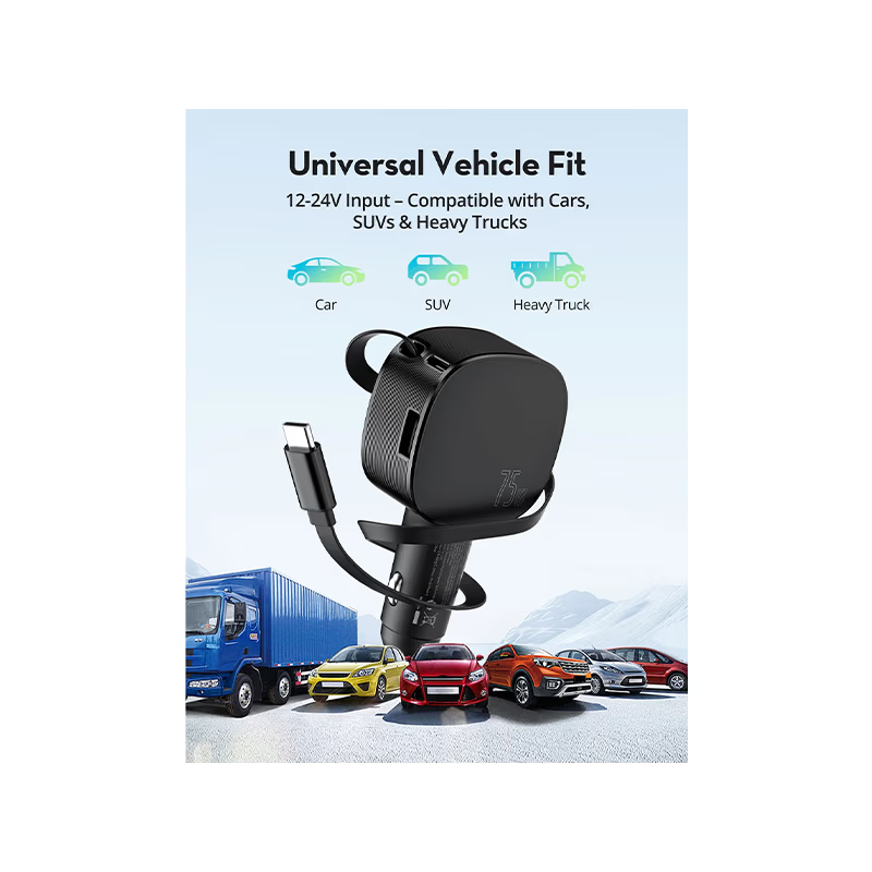 RavPower 1-Port USB-C and 1-Port USB-A PD 60W Car Charger With build in USB-C Cable - Black