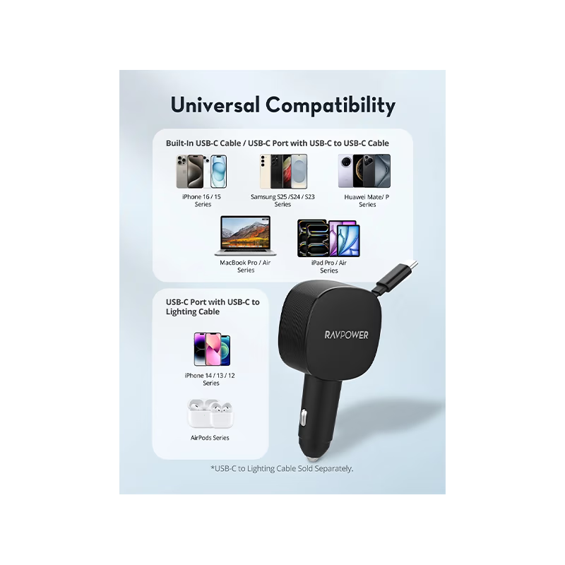 RavPower 1-Port USB-C and 1-Port USB-A PD 60W Car Charger With build in USB-C Cable - Black