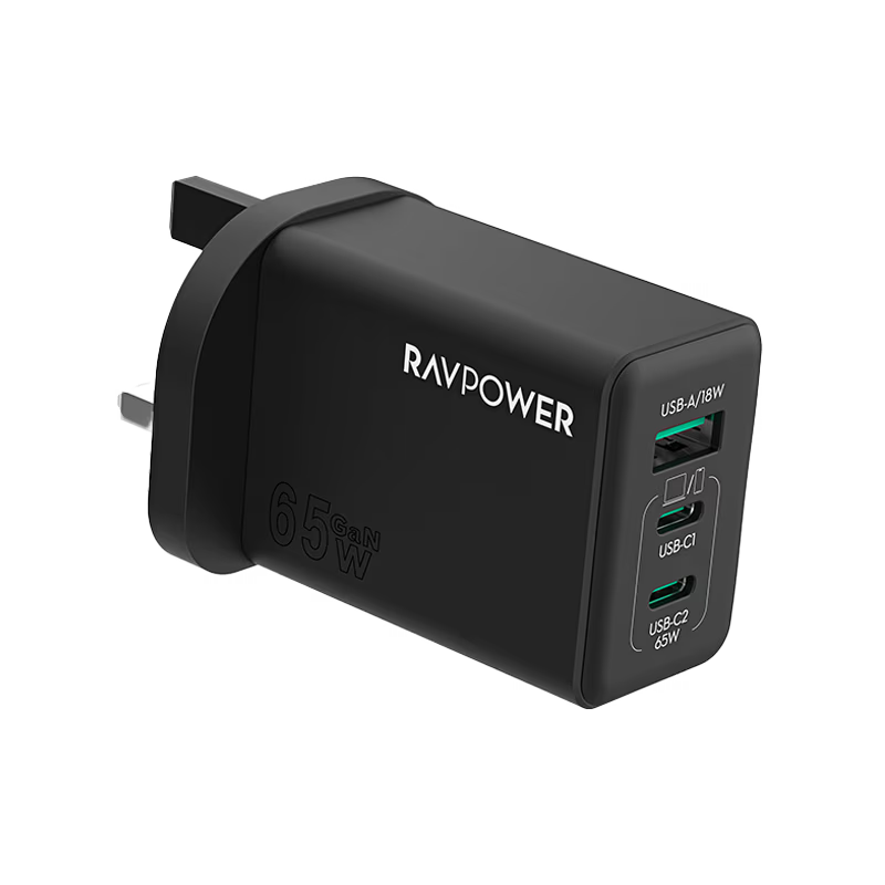 RavPower 2-Port USB-C and 1-Port USB-A PD 65W GaN Wall Charger - Black