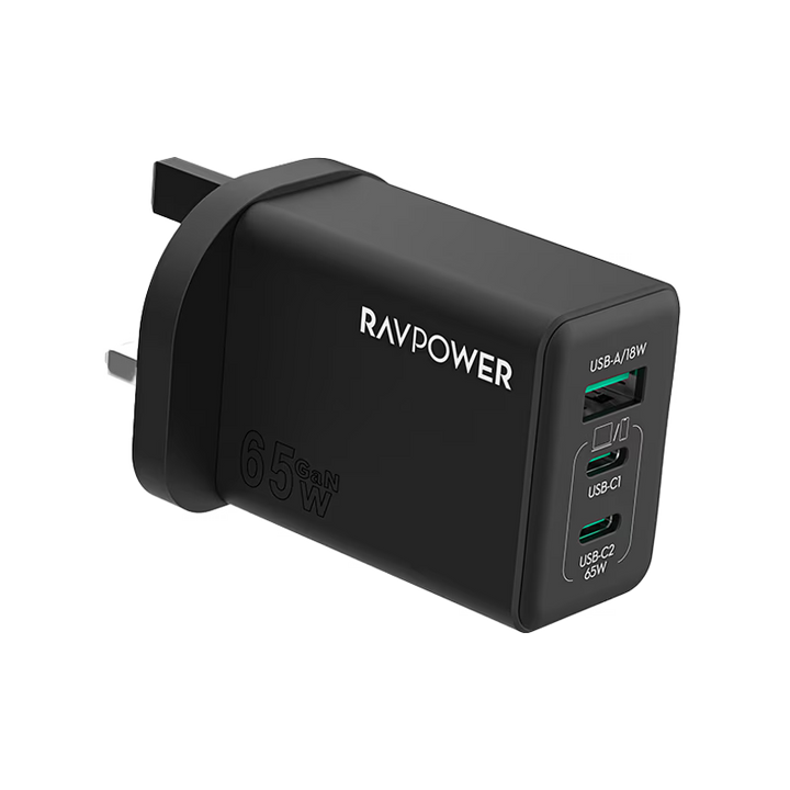 RavPower 2-Port USB-C and 1-Port USB-A PD 65W GaN Wall Charger - Black