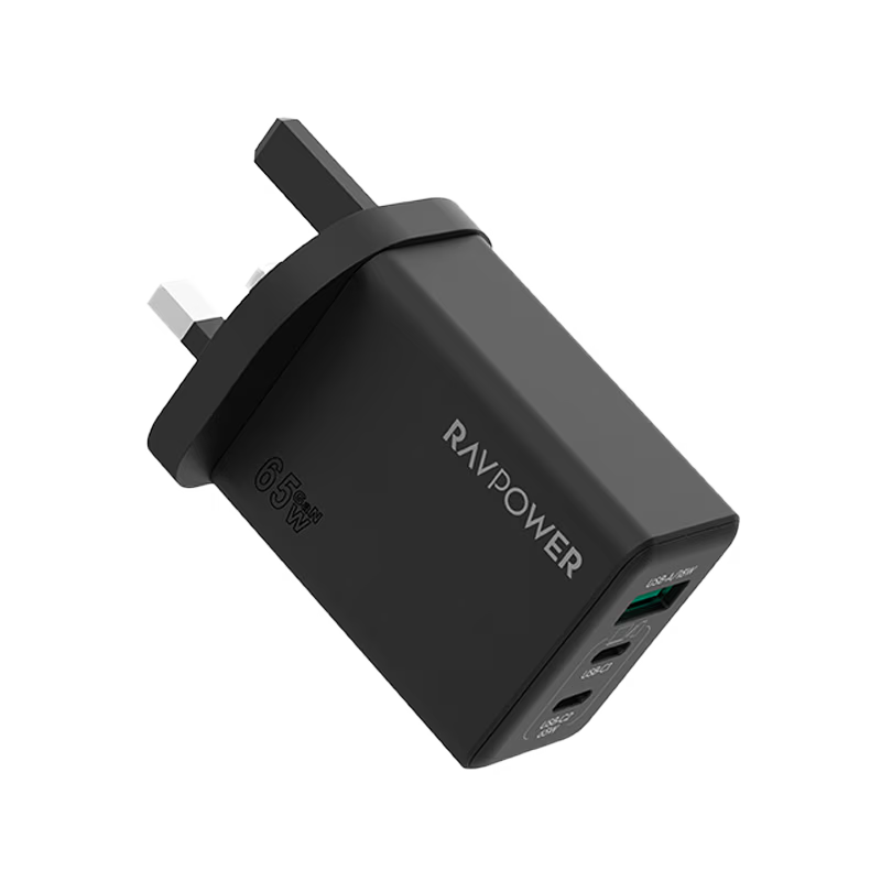 RavPower 2-Port USB-C and 1-Port USB-A PD 65W GaN Wall Charger - Black