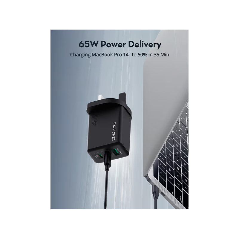 RavPower 2-Port USB-C and 1-Port USB-A PD 65W GaN Wall Charger - Black