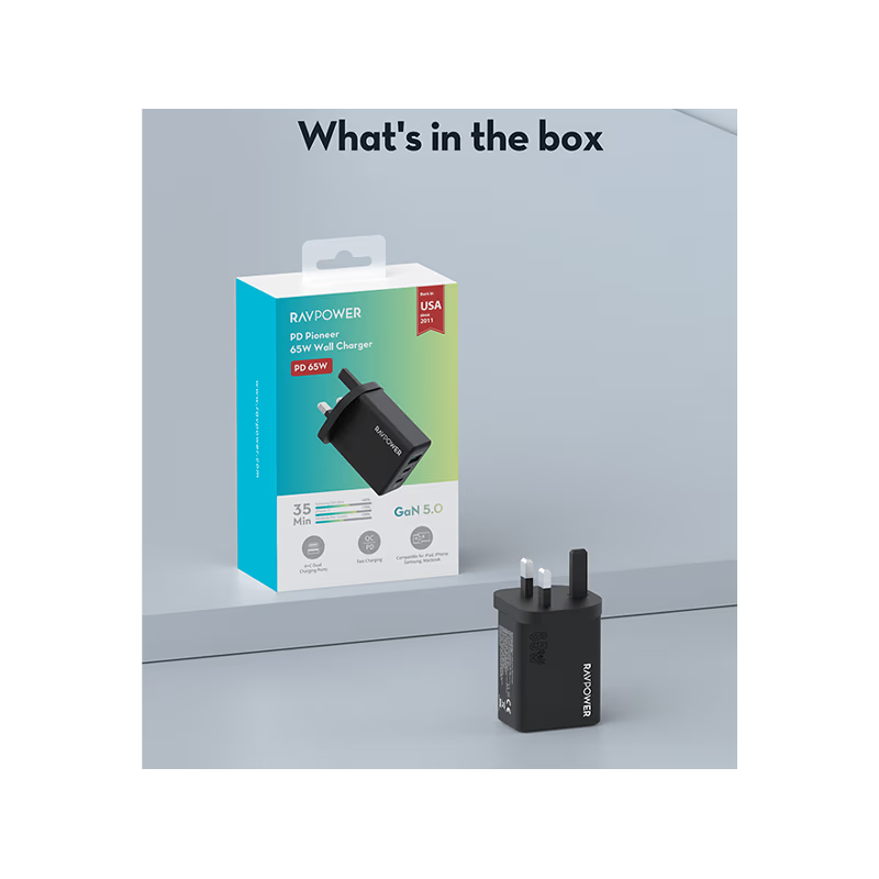 RavPower 2-Port USB-C and 1-Port USB-A PD 65W GaN Wall Charger - Black