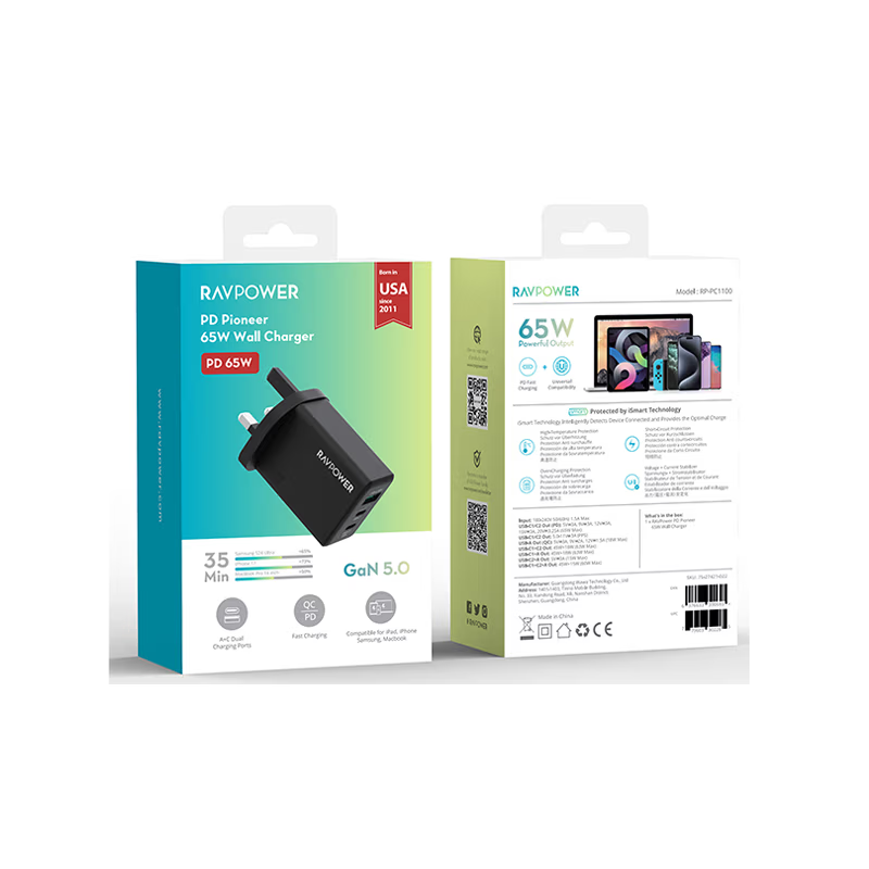 RavPower 2-Port USB-C and 1-Port USB-A PD 65W GaN Wall Charger - Black