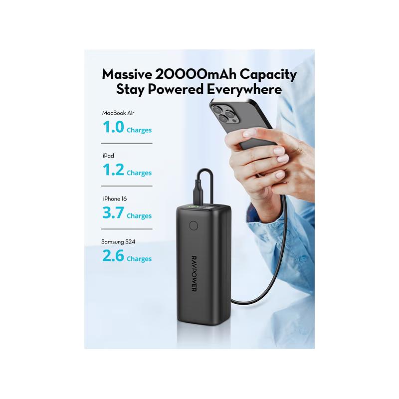 RavPower 2-Port USB-C and 2-Port USB-A PD 100W 20000mAh Digital Display Power Bank - Black