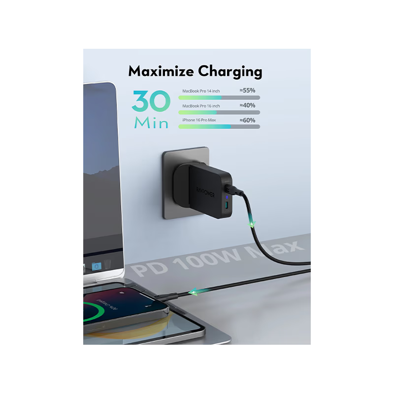 RavPower 2-Port USB-C PD 100W GaN Wall Charger - Black