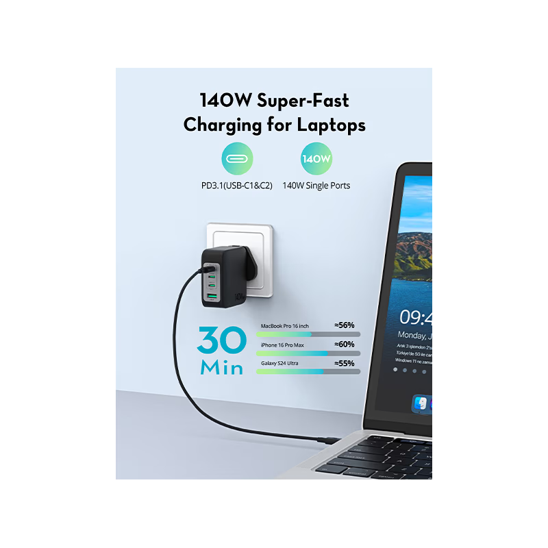 RavPower 3-Port USB-C and 1-Port USB-A PD140W Wall Charger - Black