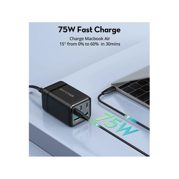 RavPower 3-Port USB-C and 2-Port USB-A 1 AC Socket 75W Desk Charger - Black