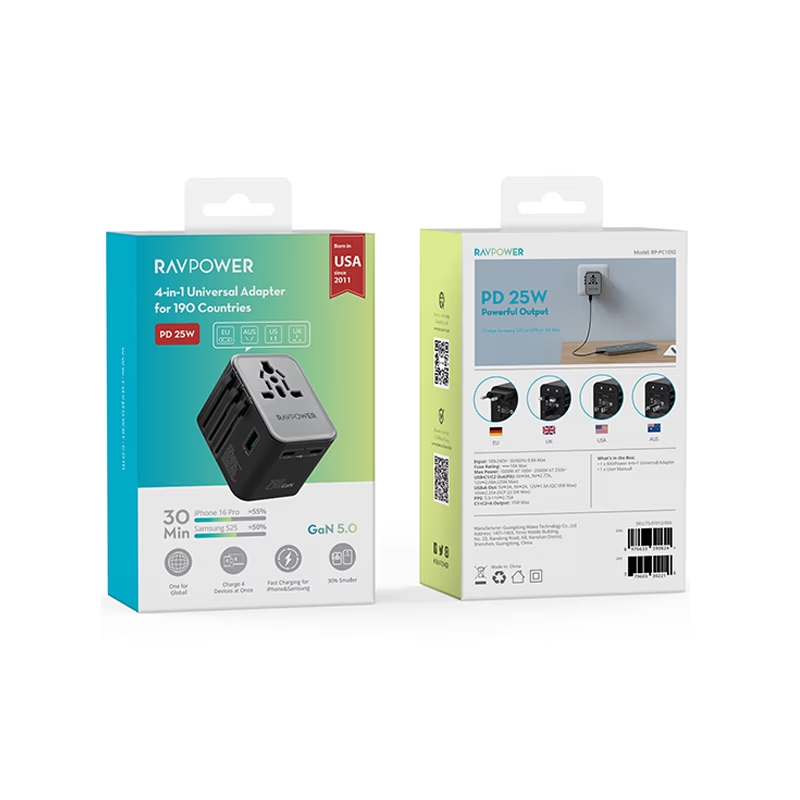 RavPower 4-in-1 3-Port PD GaN 25W Travel Adapter - Black