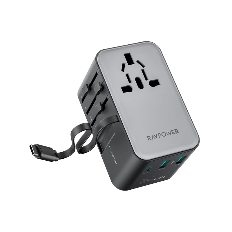 RavPower 5-in-1 3-Port PD GaN 70W Travel Adapter With USB-C Retractable Cable - Black