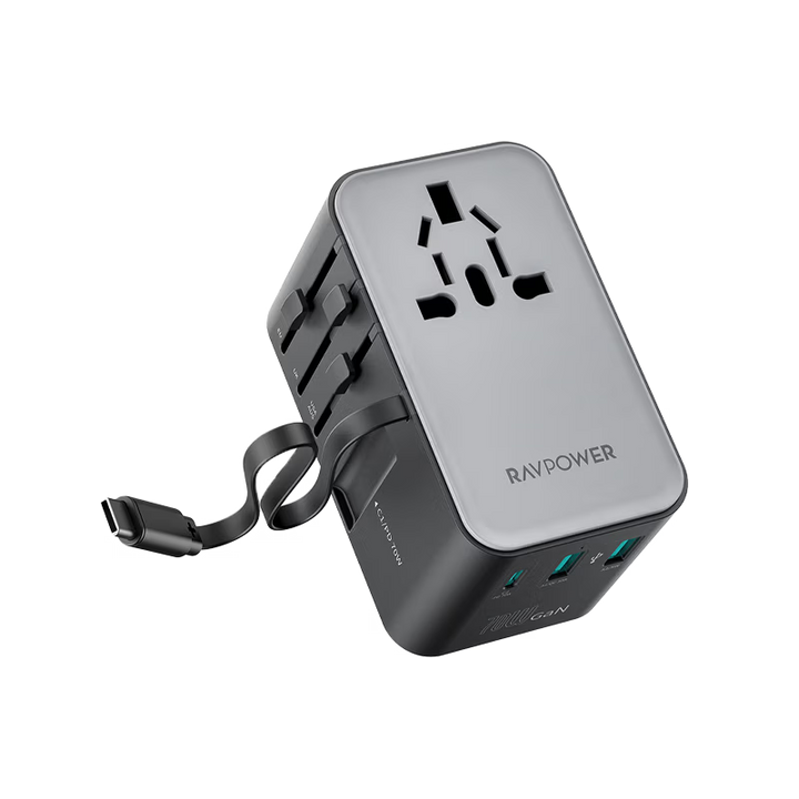 RavPower 5-in-1 3-Port PD GaN 70W Travel Adapter With USB-C Retractable Cable - Black
