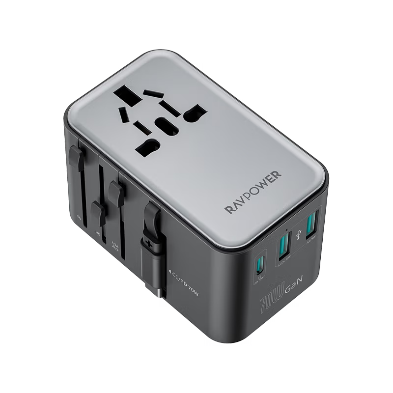 RavPower 5-in-1 3-Port PD GaN 70W Travel Adapter With USB-C Retractable Cable - Black