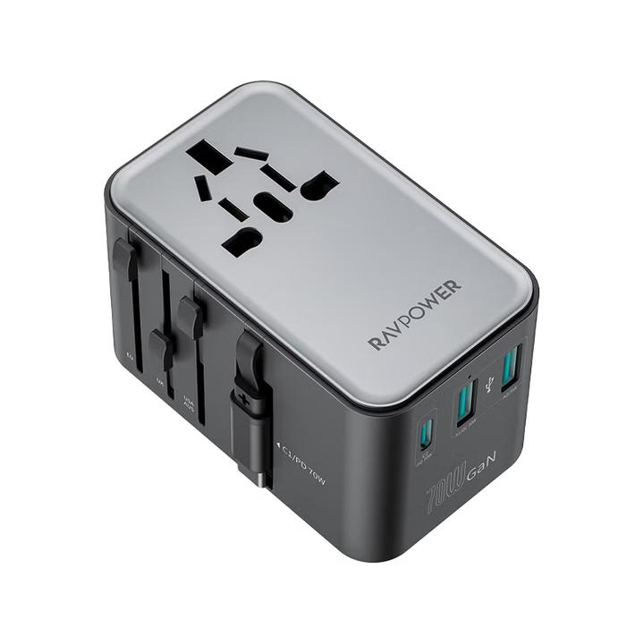 RavPower 5-in-1 3-Port PD GaN 70W Travel Adapter With USB-C Retractable Cable - Black