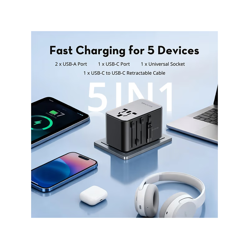 RavPower 5-in-1 3-Port PD GaN 70W Travel Adapter With USB-C Retractable Cable - Black