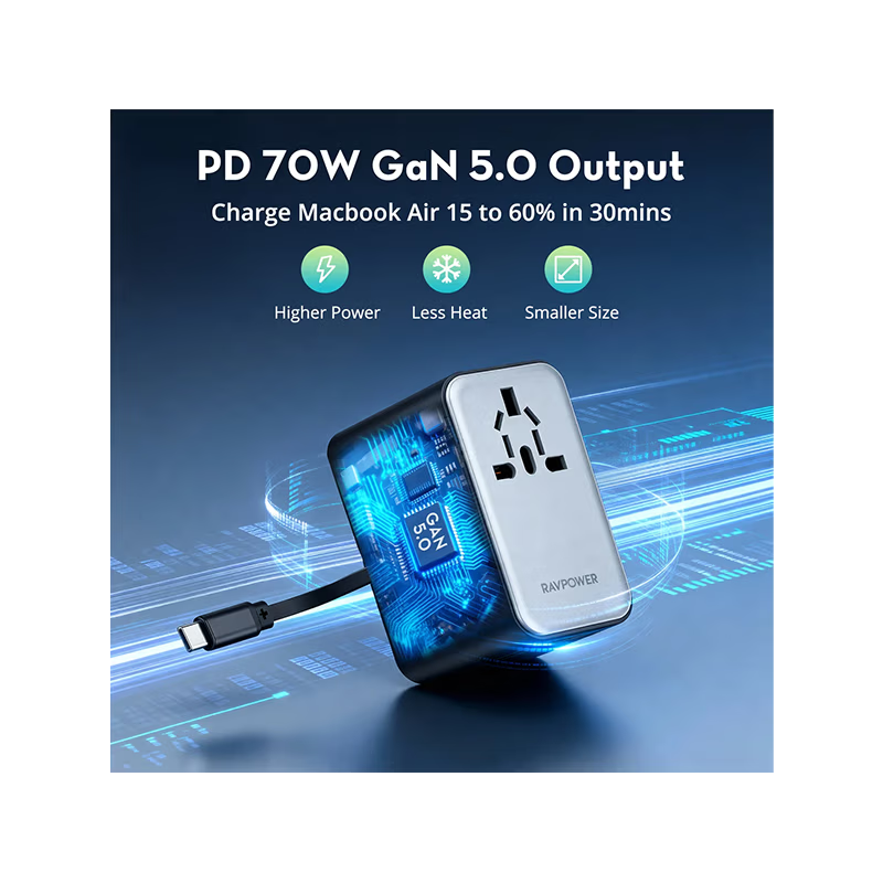 RavPower 5-in-1 3-Port PD GaN 70W Travel Adapter With USB-C Retractable Cable - Black