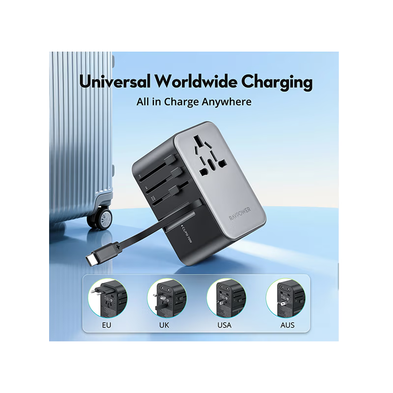 RavPower 5-in-1 3-Port PD GaN 70W Travel Adapter With USB-C Retractable Cable - Black