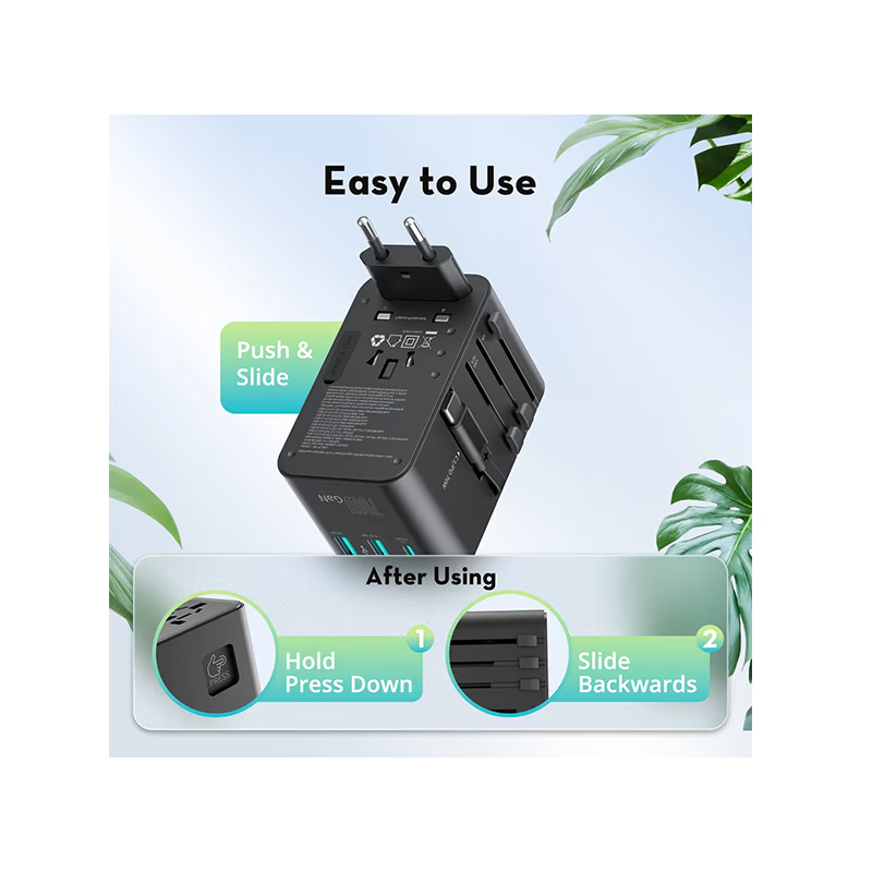 RavPower 5-in-1 3-Port PD GaN 70W Travel Adapter With USB-C Retractable Cable - Black