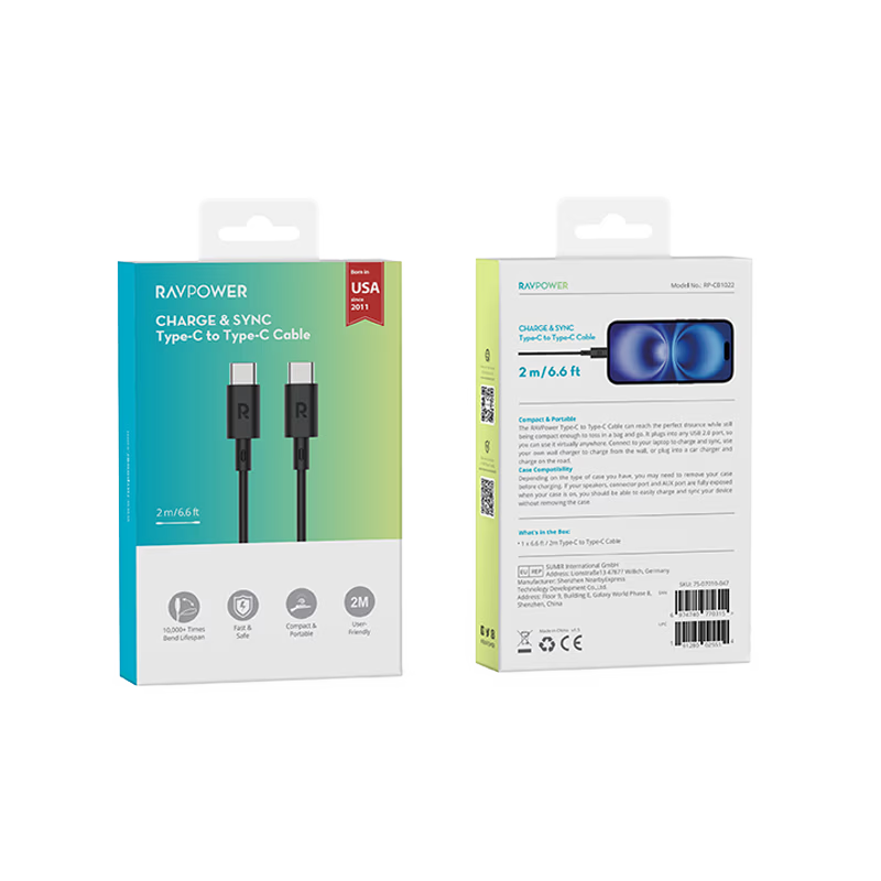 RavPower 60W USB-C to USB-C Cable 2M - Black