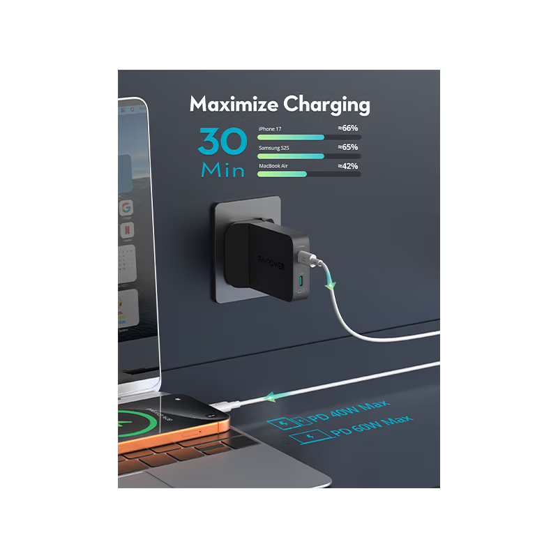 RavPower PD 60W USB-C Wall Charger - Black