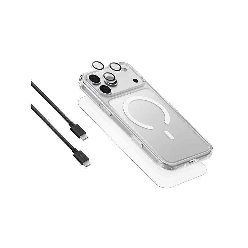 UNIQ Hybrid ClearVue 360 Essential Bundle Pack for iPhone 18 PRO Series – MagSafe Case, Screen & Camera Protectors + 60W USB-C Cable