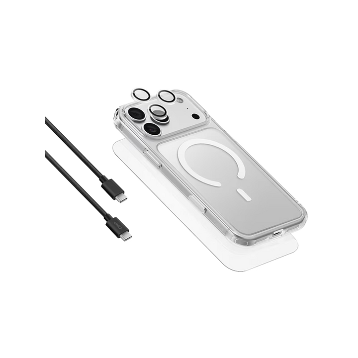 UNIQ Hybrid ClearVue 360 Essential Bundle Pack for iPhone 18 PRO Series – MagSafe Case, Screen & Camera Protectors + 60W USB-C Cable