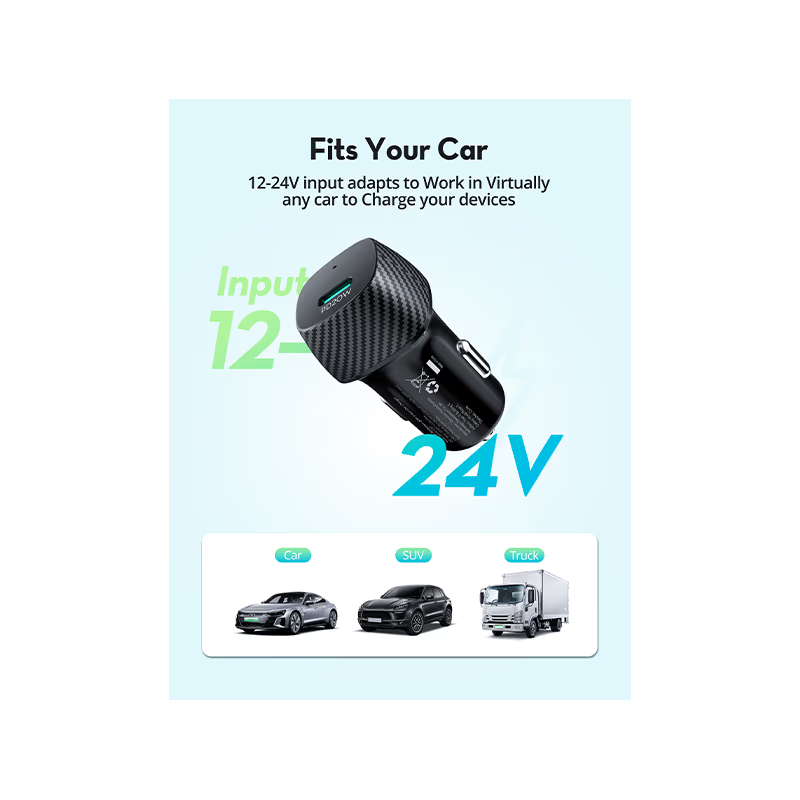 RavPower USB-C 20W Car Charger + 60W USB-C to USB-C Cable 1M - Black