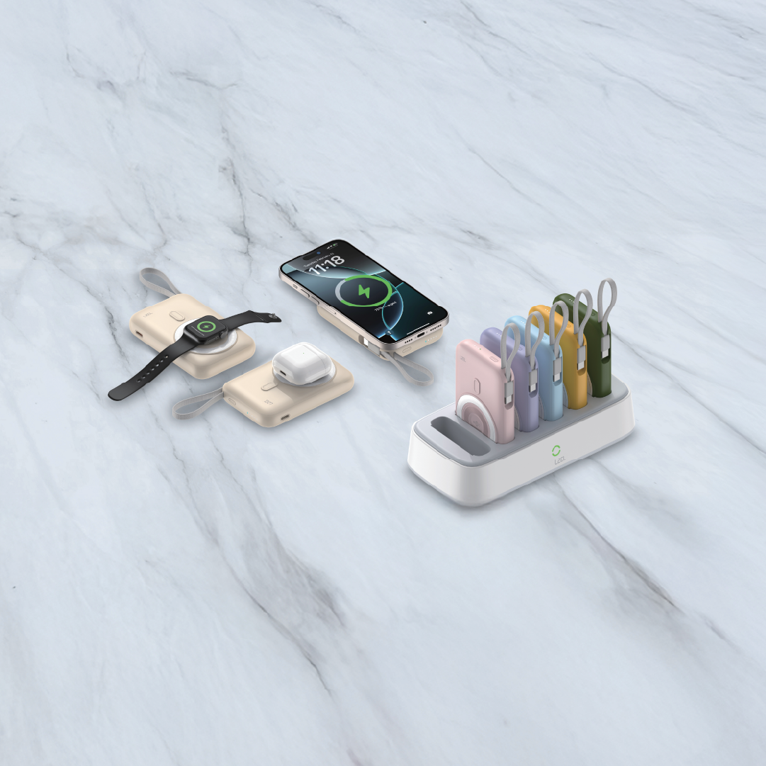 LZEL HexaEnergia Station 6x Wireless Powerbank Charging Dock - 10000mAh Full Battery - Built-in Cable - White