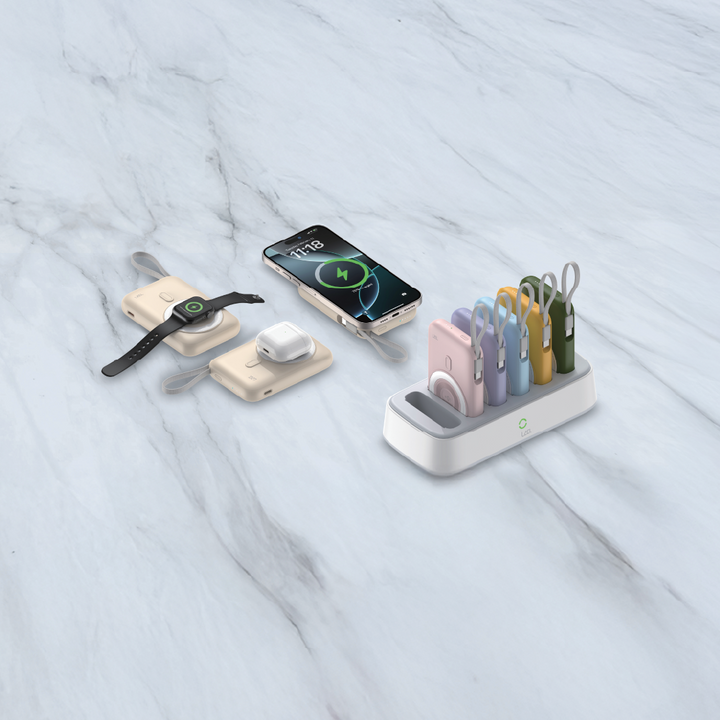 LZEL HexaEnergia Station 6x Wireless Powerbank Charging Dock - 10000mAh Full Battery - Built-in Cable - White