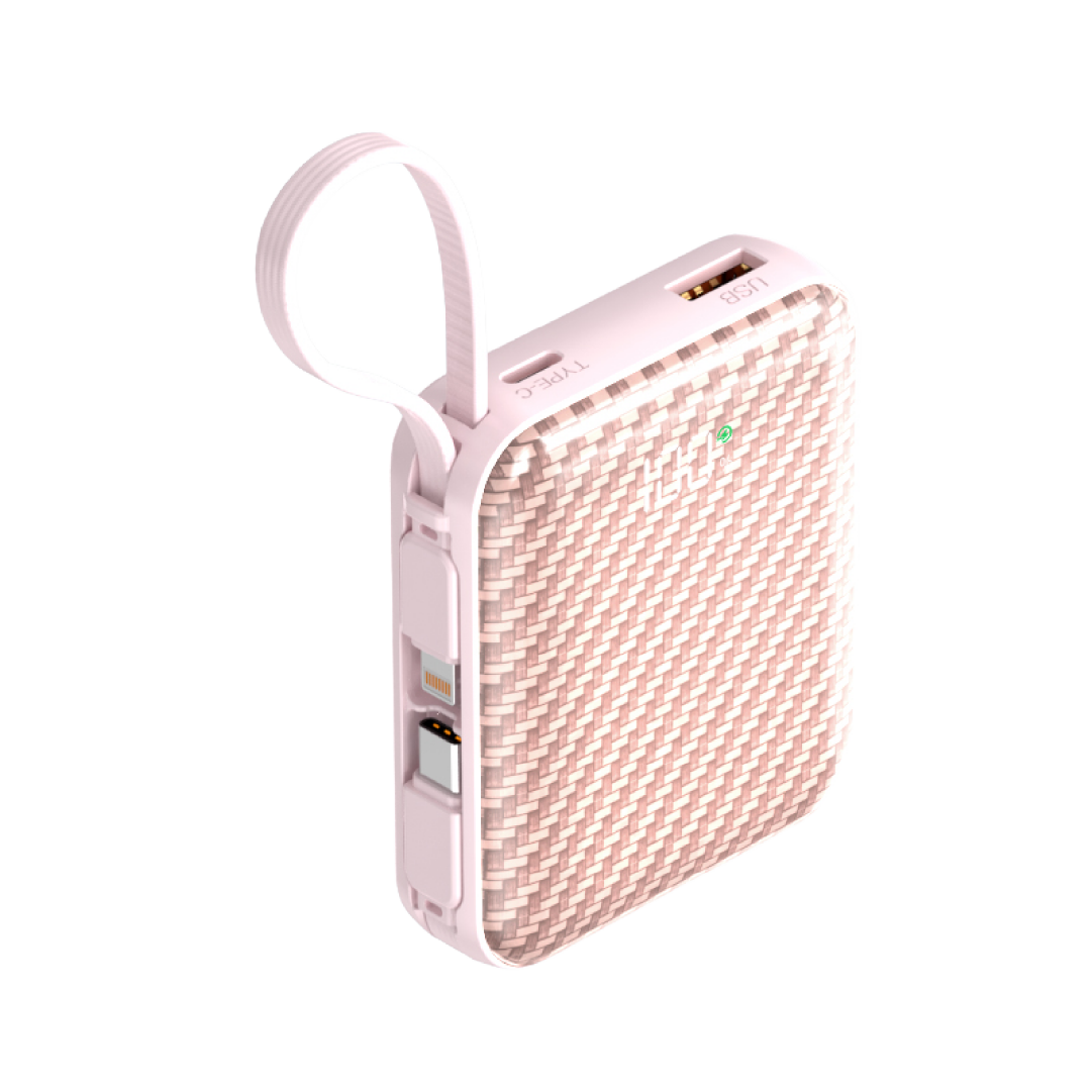 Asli Global Chargeflux Mini Super Fast Charge Powerbank With Built-In Type-C & Lightning Cable | Pink