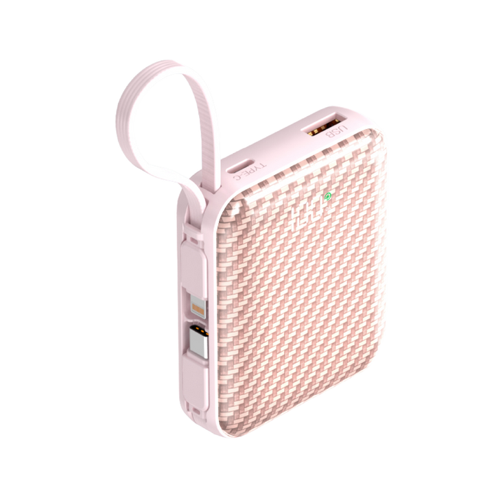 Asli Global Chargeflux Mini Super Fast Charge Powerbank With Built-In Type-C & Lightning Cable | Pink