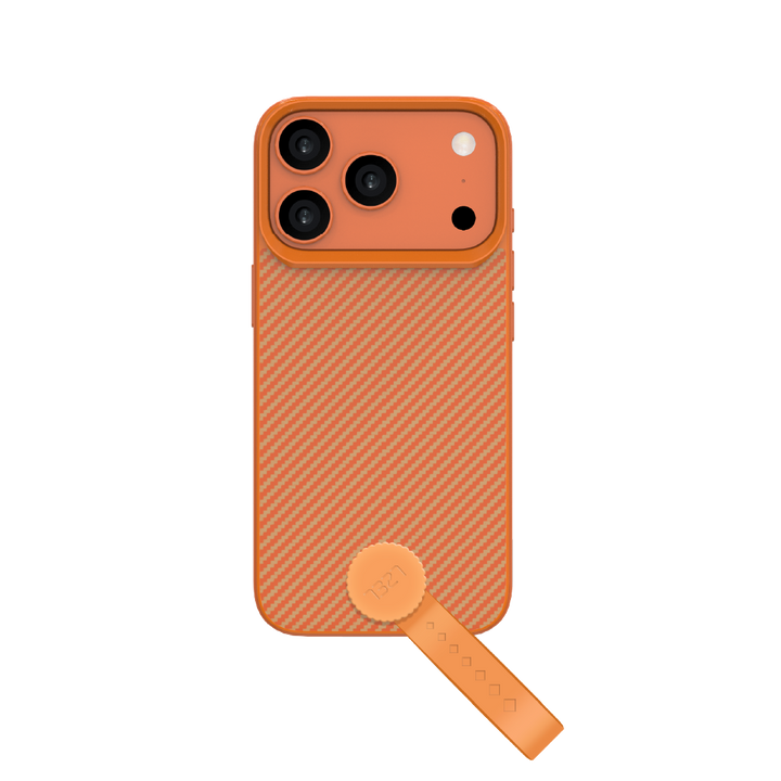 LZEL MagCarbon Strap Carbon Design with 360° Grip and Raised-Edge Protection Back Cover for iPhone 17 Pro Max - Orange